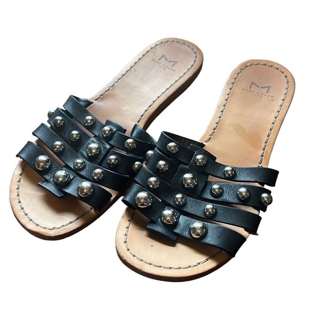 Marc‎ Fisher LTD Studded Leather Slide Sandals Strappy Black Flat Shoes